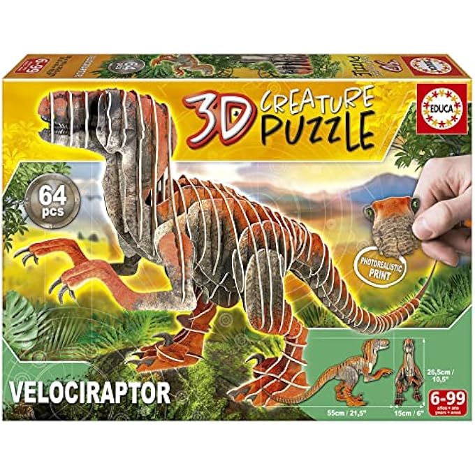 3D PUZZLE VELOCIRAPTOR 3D CREATURE PUZZLE. ASSEMBLE YOUR OWN DINOSAUR IN 3D, CARDBOARD PIECES PRINTED ON TWO SIDES. FROM 5 6 7 8 YEARS (19382) - Image 1